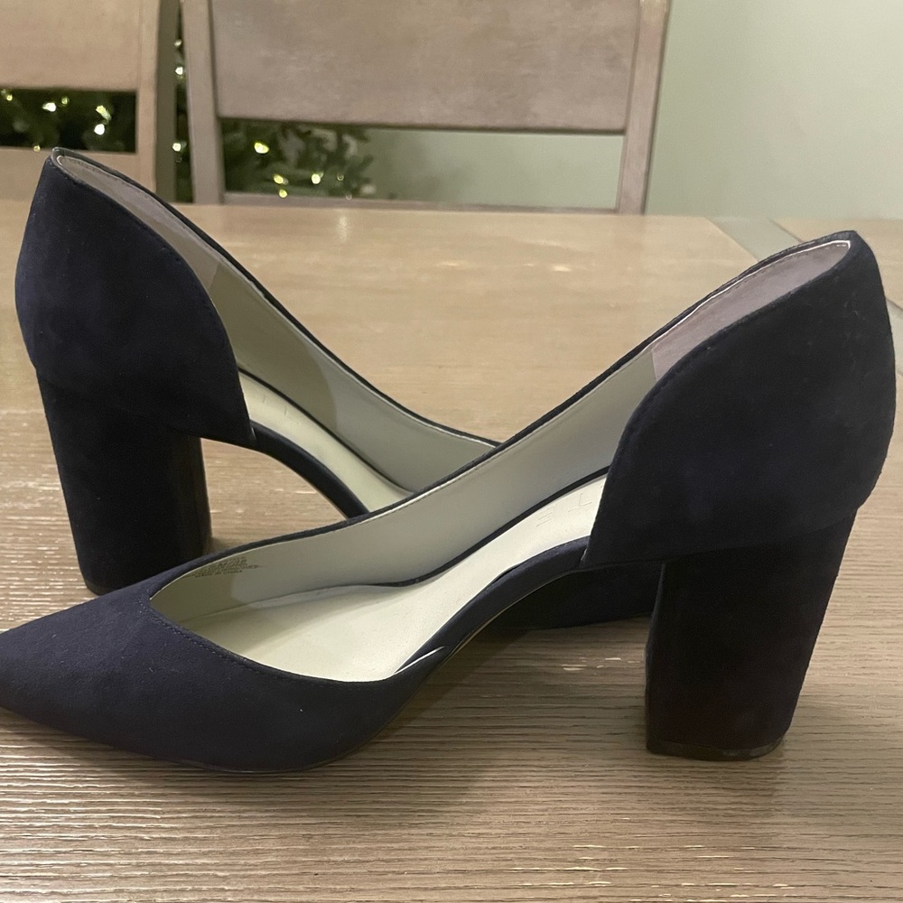 1. State block heel size 7.5, navy blue. Super cute! Used once, barely!